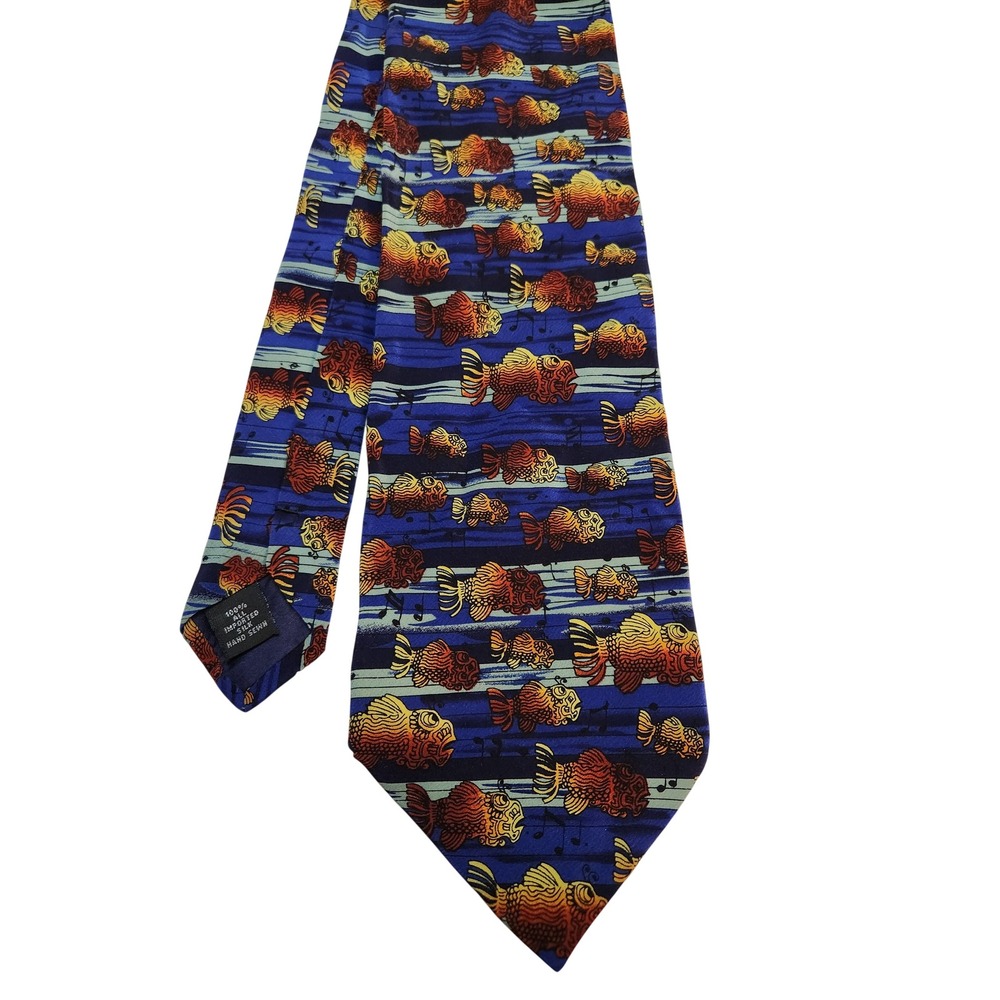 J Garcia Mens Silk Tie Blue Goldfish Fish Musical Notes Art Necktie 4 x 58